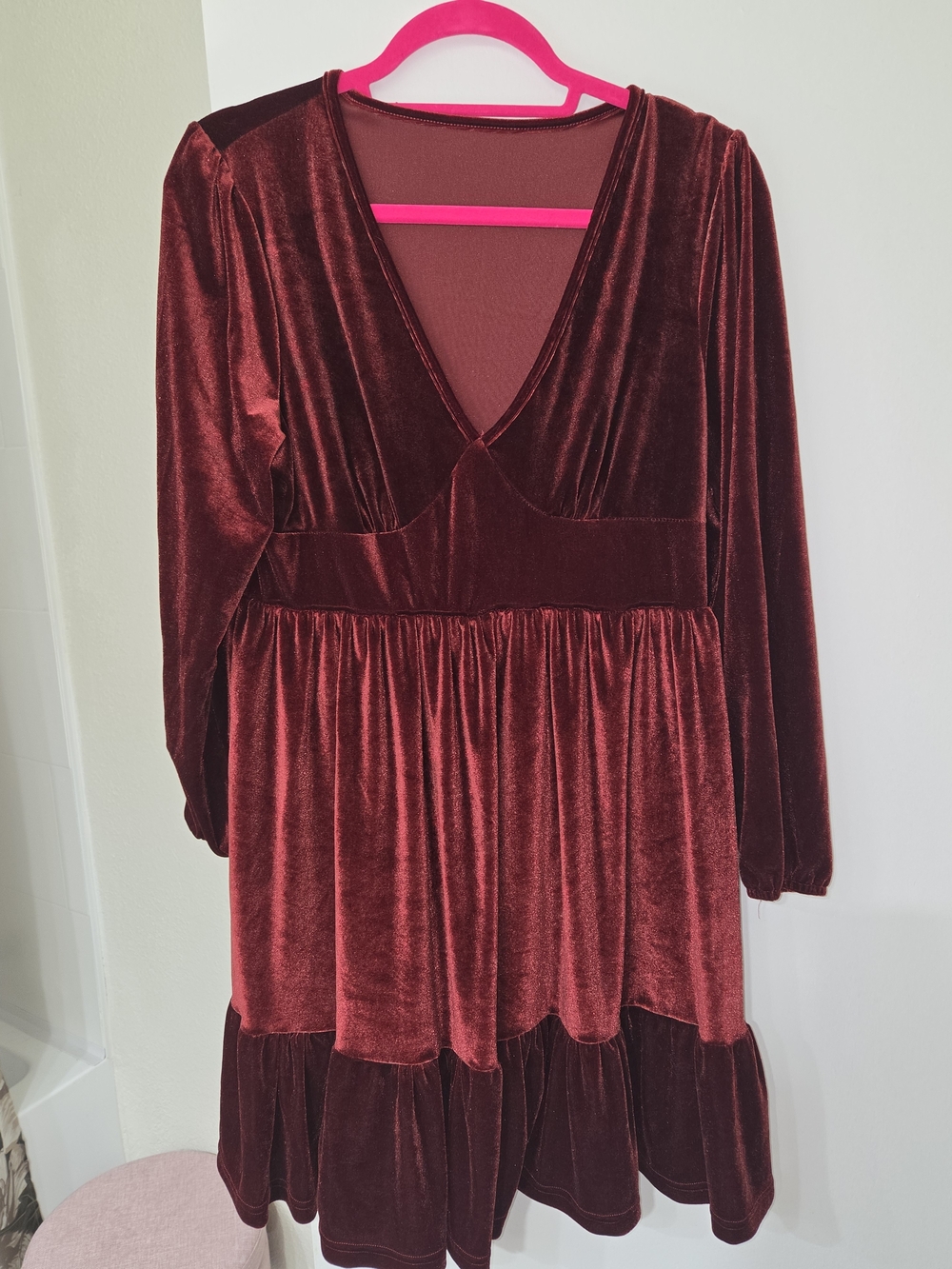 SHEIN Burgundy Velvet V-Neck Tiered Midi Dress